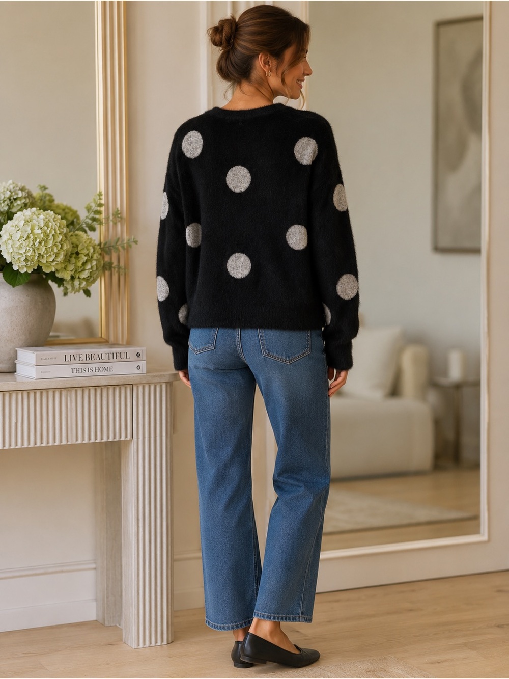 Black Polka Dot Cozy Ann Taylor Sweater with white Dots - Picture 2 of 3